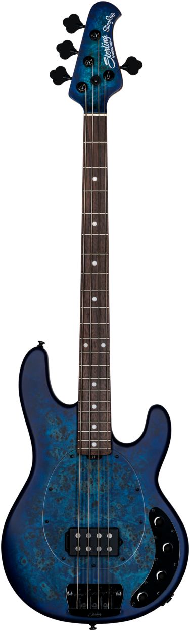 STERLING Bassgitarre, StingRay RAY34, Poplar Burl, Neptune Blue Satin